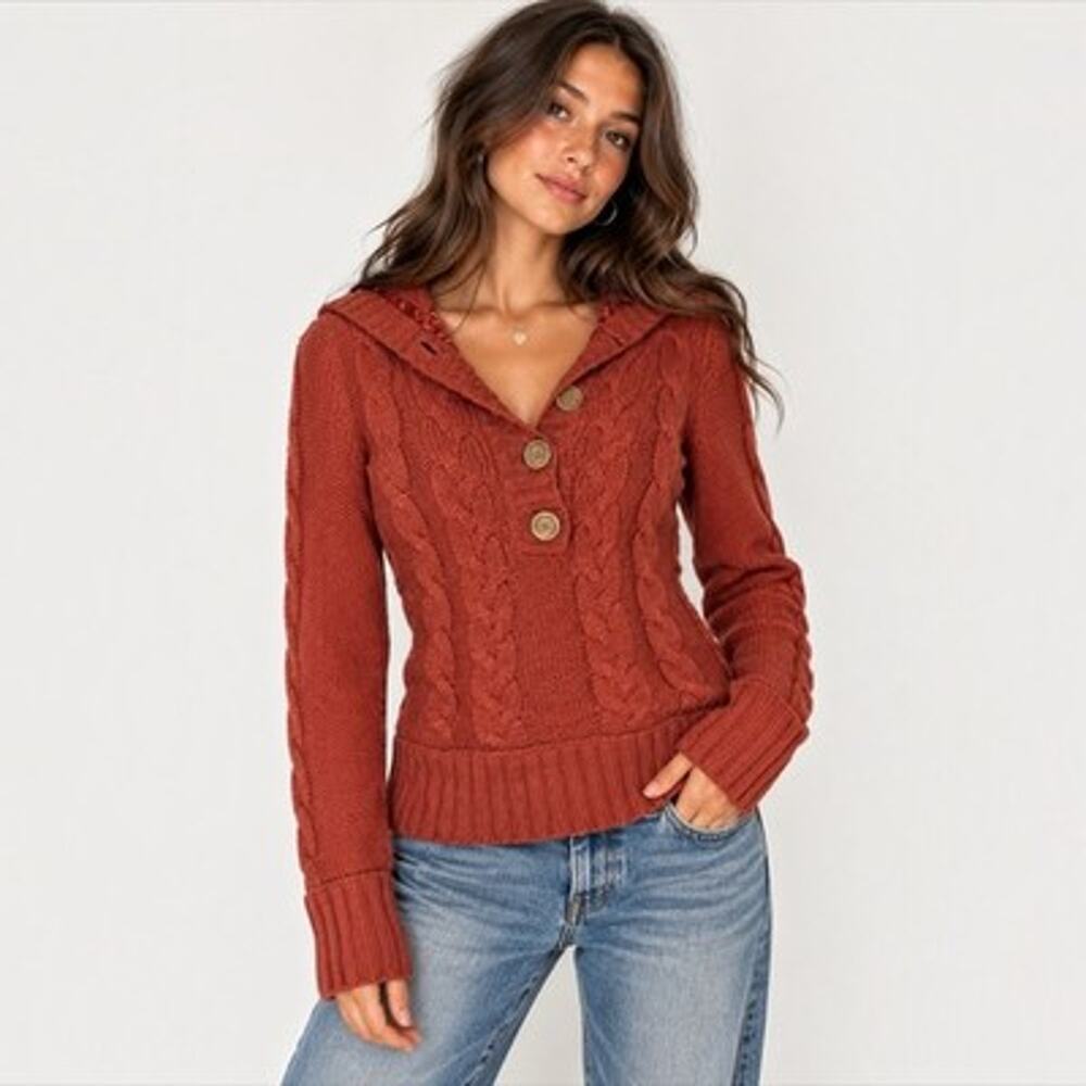 Delia’s Womens Cable Knit Hooded Sweater Rust Orange Button Y2K 2000s Size M